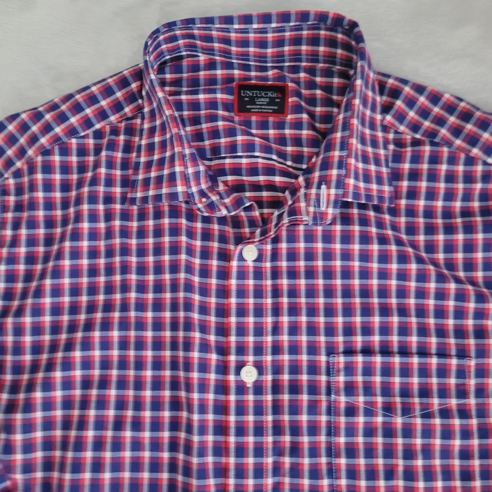 UNTUCKit Shirt Mens L Blue Red Stuhlmuller Slim Fit Plaid Button Up Performance